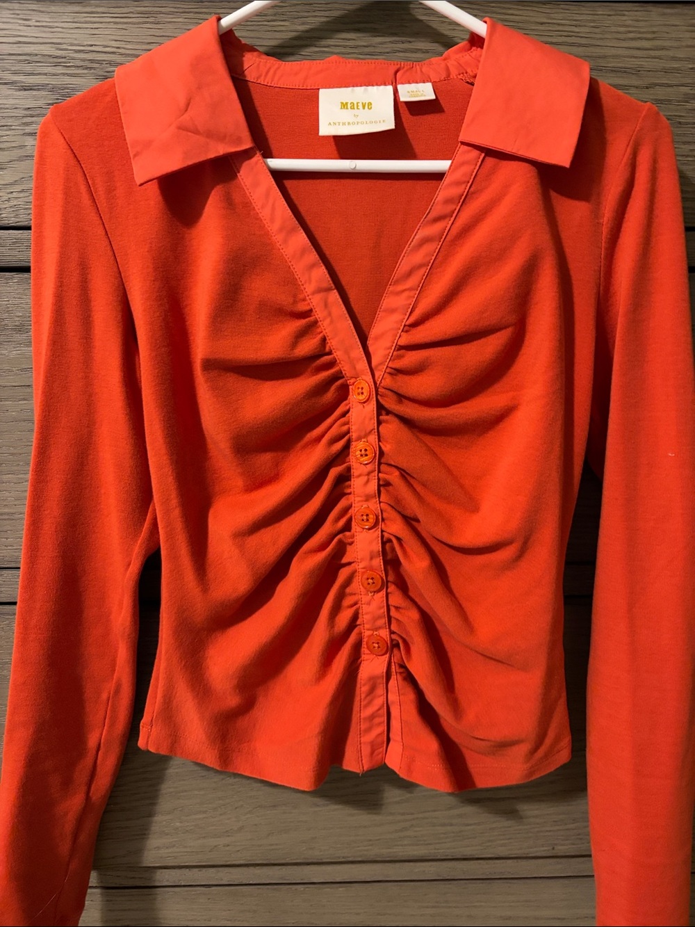 Maeve Anthropology Bright Orange Ruched Button-Down Long Sleeve Top